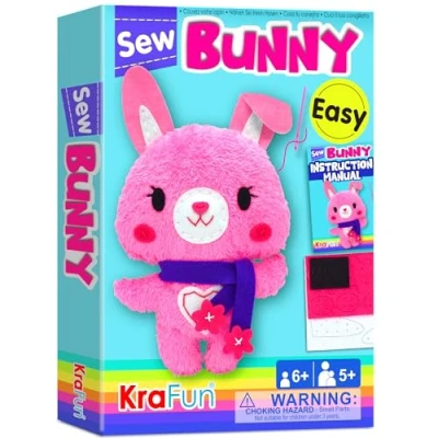 Afbeelding van KRAFUN Naaiset voor kinderen Beginner My First Art &amp; Craft, inclusief konijnenpop knuffeldier, instructies en pluche vilten materialen om te leren naaien, borduurwerk, leeftijd 7 8 9 10 11 12