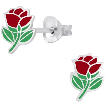 Afbeelding van JoyS Zilveren roos oorbellen rood roosje bloem oorknoppen 6 x 8 mm