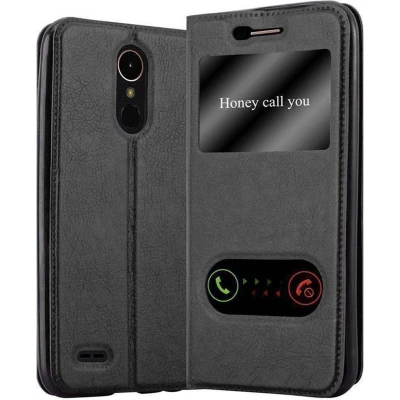 Afbeelding van Cadorabo Hoesje geschikt voor LG K10 2017 in KOMEET ZWART Beschermhoes met magnetische sluiting, standfunctie en 2 kijkvensters Book Case Cover Etui