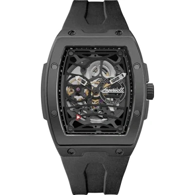 Afbeelding van Ingersoll The Rim Mens 42mm automatisch horloge met zwarte skelet wijzerplaat en PU band I16201, Zwart, riem