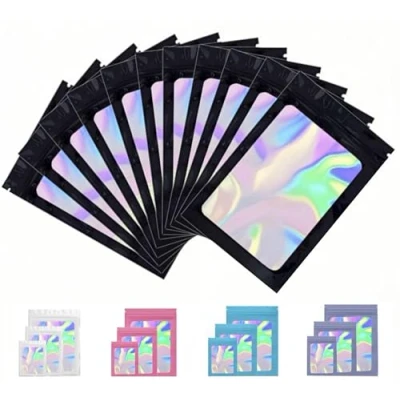 Afbeelding van Rimiko 50st Hersluitbare Mylar Zak, Ritssluiting Plastic Zakjes voor Voedsel, Rits Aluminiumfolie Zakken met Doorzichtig Venster, Ziplock Kleurverpakking (Zwart en Holografisch, 16x24cm)