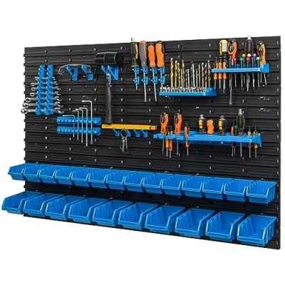 Afbeelding van 24 stapelboxen, wandrek, kunststof, 117 x 78 cm, gereedschapshouder, werkplaats, garage, opslagsysteem, opbergbakken