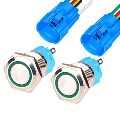 Afbeelding van Gebildet 2pcs 0.63 inch/16mm Roestvrij Staal Momentary Drukknop 12V 24V 5A LED 1NO1NC SPDT AAN UIT Waterdichte met Draadstekker(Groene LED)