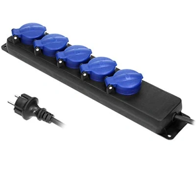 Afbeelding van Stekkerdoos voor buiten Verlengsnoer met verdeelblok Heavy duty 5 voudig IP44 Stof &amp; spatwaterdicht Kabellengte meter Zwart