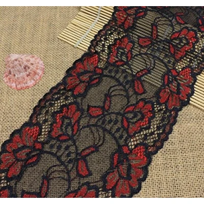 Afbeelding van Yulakes 5 yards rood en zwart kanten boord kant lint stretch bloem rand bruiloft trim decoratief lint, handwerk, schuurband 15 cm breed