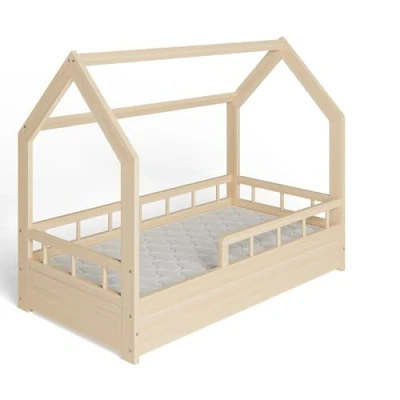 Afbeelding van MS FACTORY Huisbed met Matras 70x140 cm Kinderbed valbeveiliging Dennenhouten bed lattenbodem Halve Barrière Hout