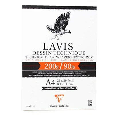 Afbeelding van Clairefontaine 96341C tekenblok Lavis (10 vellen, 200 g, 21 x 29,7 cm, ideaal voor neustechniek en lavering, gelijmd) wit