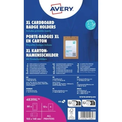 Afbeelding van AVERY 50 grote kartonnen badgehoezen + 52 bedrukbare microgeperforeerde inzetstukken 148 x 105 mm