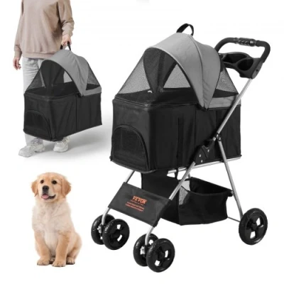 Afbeelding van VEVOR Kinderwagen, 4 wielen hondenwandelwagen roteren met remmen, 35 lbs gewichtscapaciteit, puppy kinderwagen afneembare drager, opbergmand en bekerhouder, voor honden katten reizen, zwart +