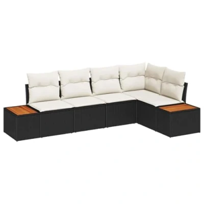 Afbeelding van vidaXL 5 delige tuinset met kussens Zwart poly rattan en acacia