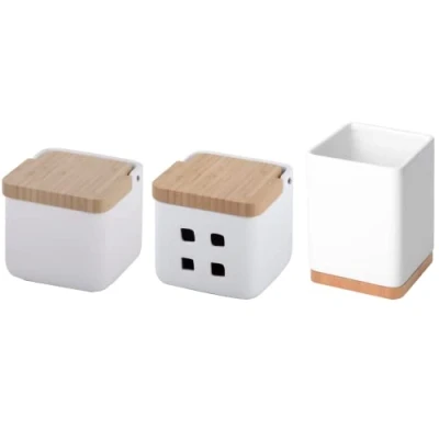 Afbeelding van KOOK TIME Keukenaccessoireset zoutvaatje, keukengereihouder en knoflookblik zoutvaatje met bamboedeksel wit glanzend keramiek bamboe