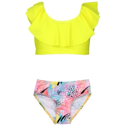 Afbeelding van Aquarti Meisjes Bikini Set Bustier Brief Tweedelig Badpak Zwempak, 037 Geruffelde bikini&#039;s Roos Geel Bladeren, 140
