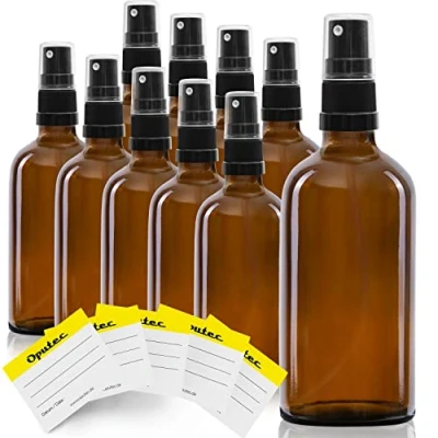 Afbeelding van Oputec 10 x 100 ml spuitflessen van glas met verstuiver + etiketten, bruine glazen flessen fijne sproeikop, kleine pompspray fles