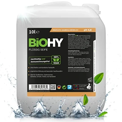 Afbeelding van BiOHY vloeibare zeep (10 Liter Busje) Huidvriendelijke, hydraterende &amp; handzeep FOSFAATVRIJ geurloze hygiëneook geschikt voor het gezicht zonder parfum kleurstoffen (Flüssig Seife)