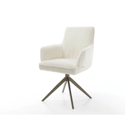 Afbeelding van Eetkamerstoel Heira Flex met armleuning kruisframe breed afwerking titaniumeffect bouclé wit pocketveer kern 360 draaibaar