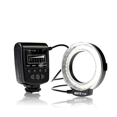 Afbeelding van Meike FC 100 LED Macro Ring Flitslicht met LCD scherm en stroomregeling adapterring, compatibel Canon, Nikon, Pentax Olympus DSLR Camera Camcorder