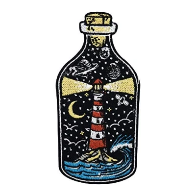 Afbeelding van Vuurtoren in de fles patch om op te strijken, zee patches, maan sterren strijkpatches, golfpatches, planeten patches Finally Home