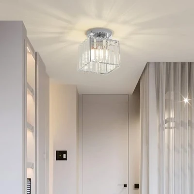 Afbeelding van Moderne Kristallen Plafondlamp, E27 Mini Zilveren Vierkante Kroonluchter, Voor Hal Woonkamer Slaapkamer Keuken Entree Lamp (Zilver)