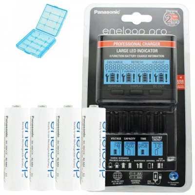 Afbeelding van Panasonic eneloop lader BQ CC65 incl. LCD display, 4 AA Mignon en AccuCell AkkuBox Blue