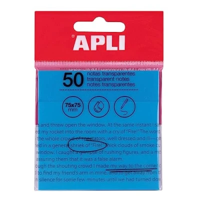 Afbeelding van APLI 19571 zelfklevende notities, transparant, 75 x mm, kleur: blauw, 50 transparante vellen, waterbestendig, ideaal voor studenten en leraren.