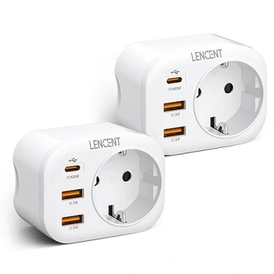 Afbeelding van LENCENT 2X Snelladen USB Stopcontact, EU Adapter Stekkerdoos met 1 PD &amp; 2 QC 3.0, 4 in Meervoudige Stekker Wandstopcontact, 4000W Schuko Stekkerverdeler, Stroomadapter voor Thuis/Kantoor/Reis