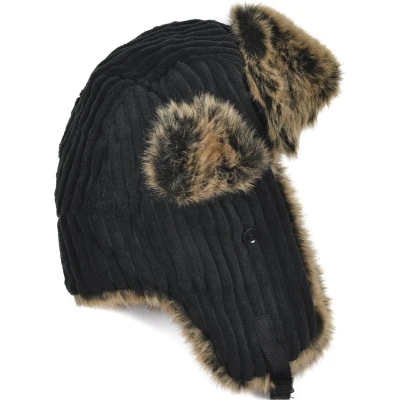 Afbeelding van Wintermuts Pilotenmuts oesjanka vliegeniersmuts lapeer ribcord bontmuts kleur zwart maat S/M