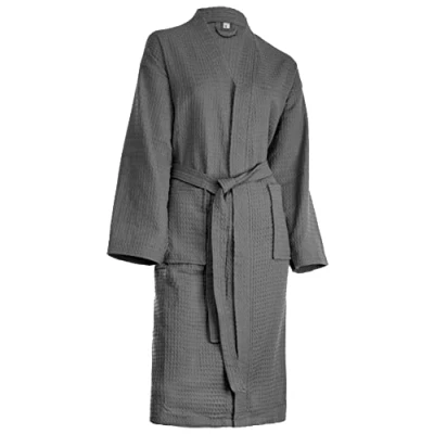 Afbeelding van Brandsseller Unisex Badjas van Katoen met Wafelstructuur maat L Lichte kamerjas voor dames en heren Saunajack wellness &amp; thuis Comfortabel ademend Antraciet