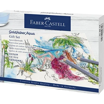 Afbeelding van Faber Castell Goldfaber Aqua 114614 Aquarelkleurpotloden, cadeauset, 12 kleurpotloden inclusief fineliner, potlood, aquarelblok, puntenslijper, gum en aquarelpenseel