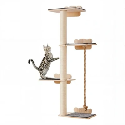 Afbeelding van VEVOR 4 niveaus hoge kattenboom, kattenwandmeubelset met springplanken, wandgemonteerde kattenplank tot 18,1 kg, 12 mm grenen houten kattenzitstok om te slapen, spelen en klimmen