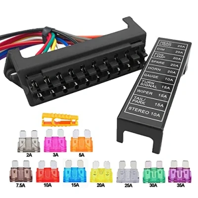 Afbeelding van Aiqeer 10 weg zekeringhouder voor de auto, met voorbekabeld, 2 ingangen, 4 uitgangen, blokzekeringsblok, standaard zekeringen, box zekeringen (12 V/24 V/32 V/48 V, universeel)