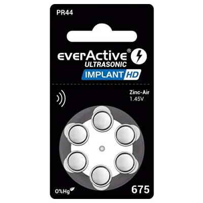 Afbeelding van EverActive 675, 6 stuks, gehoorapparaatbatterijen, hoge prestaties, zink lucht batterijen, 1 blisterkaart, 4 jarige houdbaarheid, blauw, Implant HD PR44