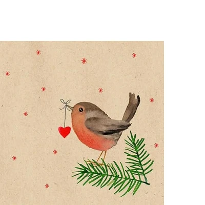 Afbeelding van 20 kleine cocktailservetten van gerecycled papier Kerstmis vogel met hart aan takken als tafeldecoratie. Papieren servetten motief. Ook voor decoupage en servettentechniek 25x25cm