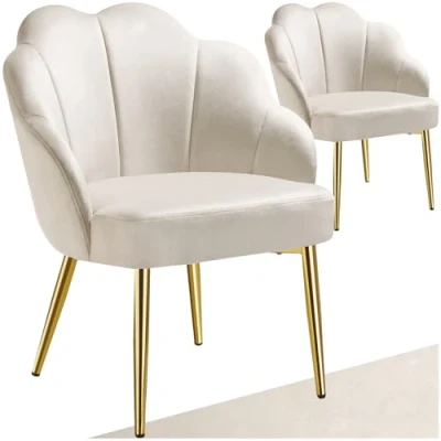 Afbeelding van tectake 2x Cocktail Stoel Hellen, Gestoffeerd met Fluwelen Bekleding, Zachte Vulling, Gewelfde Rugleuning, Stalen Poten Poedercoating set van 2 Crème/Goud