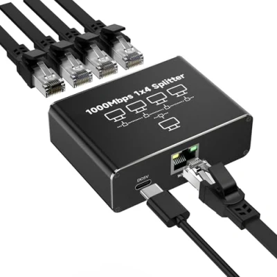 Afbeelding van GlasFlength LAN splitter 1 naar 4 1000 Mbps Ethernet Splitter, Switch Port Met USB Type C Netsnoer Gigabit Stroomkabel voor Computer Hubs Switches Router Set Top Box Digitale TV