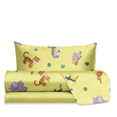 Afbeelding van hermet Jolly Jungle Eenpersoons beddengoedset van 100% katoen, bovenlaken, hoeslaken + kussensloop, met patroon voor kinderkamer