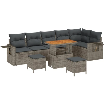 Afbeelding van vidaXL 9 delig tuinbankstel met kussens grijs poly rattan acacia, 3 tuin eetstel acacia