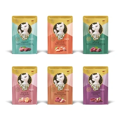 Afbeelding van KITTY Cat Paté Mix 2, 6 x 85 g, natvoer voor katten in probeerpakket, graanvrij kattenvoer met taurine, zalmolie en groenlipmossel, compleet voer een hoog vleesgehalte, Made Germany