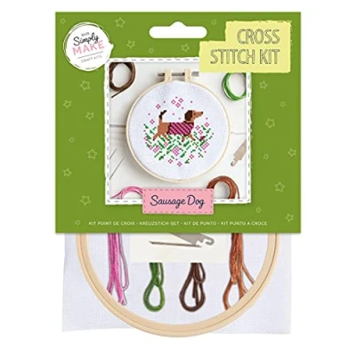 Afbeelding van Simply Make Kruissteekkit Worsthond ontwerp voor kinderen en volwassenen, inclusief hoepel, borduurgaren, stof naald perfect volwassen ambachten beginners Starter kruissteek