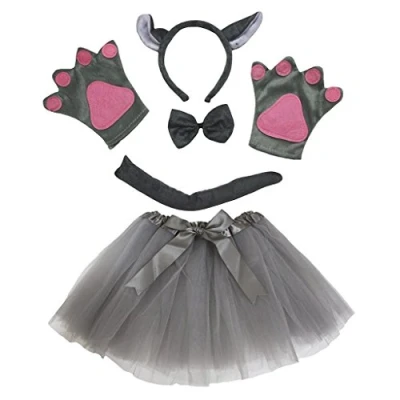 Afbeelding van Petitebelle Hoofdband, strik, staart, handschoenen, tutu, 5 stuks, meisjeskostuum, eenheidsmaat, grijze wolf