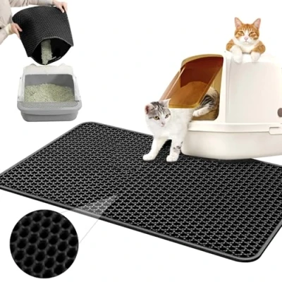 Afbeelding van kattenbakmat, 60 x 40 cm, EVA kunststof, dubbele laag, honingraatmat, kattenbak, waterdicht, mat kattenbakonderlegger voor litercatcher, kattentoilet, kattenmat, zwart