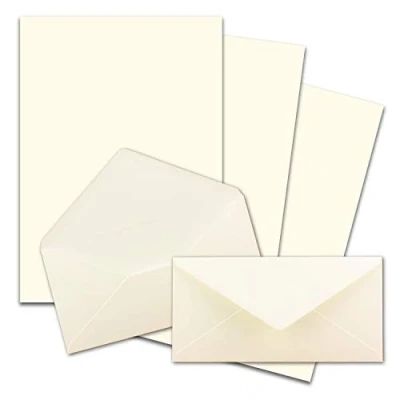 Afbeelding van Set van 50 stuks briefpapier, DIN A4 met lange enveloppen, nat kleven, natuurlijk wit, mat schrijfpapier enveloppen FarbenFroh by GUSTAV NEUSER