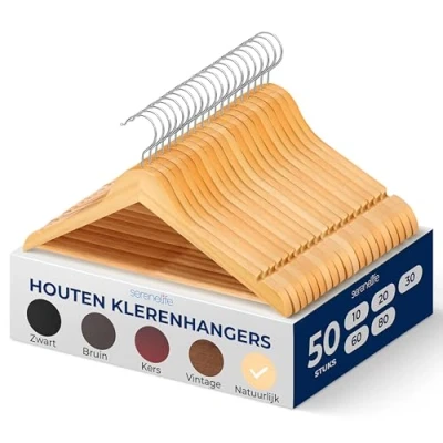 Afbeelding van SereneLife Kleerhangers, Houten Hangers, Premium Kledinghanger, Ruimtebesparende Zware 50 Stuks