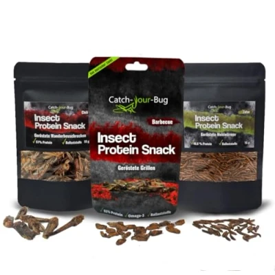 Afbeelding van Catch Your Bug insecten om te eten, 3 stuks, klaar voor consumptie, eetbare sprinkhanen, chili, meelwormen, zaatar &amp; grillen, mensen, 40 g, high proteïne snack met meer dan 40%