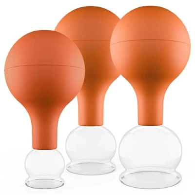 Afbeelding van Pulox Set cuppingsglazen van echt glas met zuignap, 3 x medisch cuppingglas in bruin, 25 mm, 32 40 mm