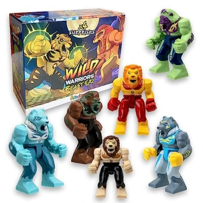 Afbeelding van Sbabam, Funny Box Wild Warriors Beast Fury, kinderspel aan de kiosk, dierspeelgoed voor kinderen, 4 stuks, krijger robotspeelgoed verwisselbaar met speelkaarten