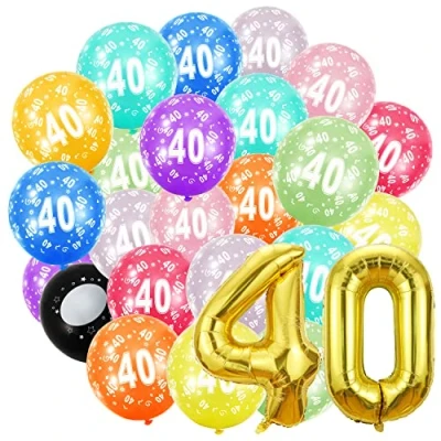 Afbeelding van Verjaardagsgetallen ballon 40 jaar en 20 stuks 30 cm ballonnen gouden folieballon in 101 verjaardagsdecoratie cijfer decoratie verjaardag vliegt met helium voor mannen vrouwen 40e
