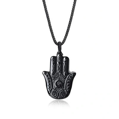 Afbeelding van COAI Uniseks lange ketting van Obsidiaan hanger met gravure Hamsa hand, Obsidiaan,