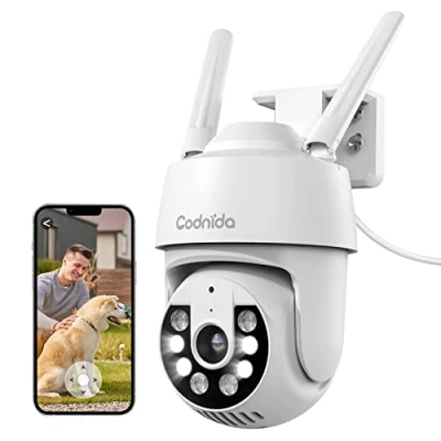 Afbeelding van Codnida 2K bewakingscamera voor buiten, wifi camera, bewaking 360 zicht, 3 MP camera met 2 weg audio, automatische tracking, nachtzicht in kleur, sirene alarm, werkt Alexa
