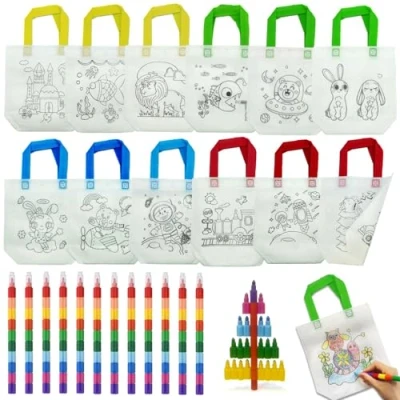 Afbeelding van ICEPAPA, 12 stuks stoffen zakjes om te beschilderen voor kinderen en stapelbare waskrijtjes (10 kleuren in 1), perfect kinderverjaardag, gastgeschenken kleine geschenken