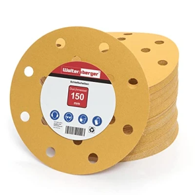 Afbeelding van Woltersberger® 50 stuks excentrische schuurschijven Ø 150 mm, korrelmaat P80, 15 gaten in goud, voor optimaal schuren, veelzijdig, klittenband schuurpapier hechten